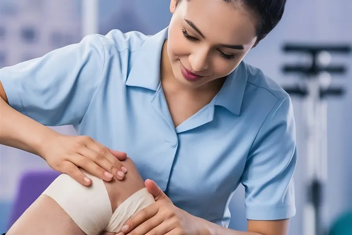 A clinician examining a bandaged knee